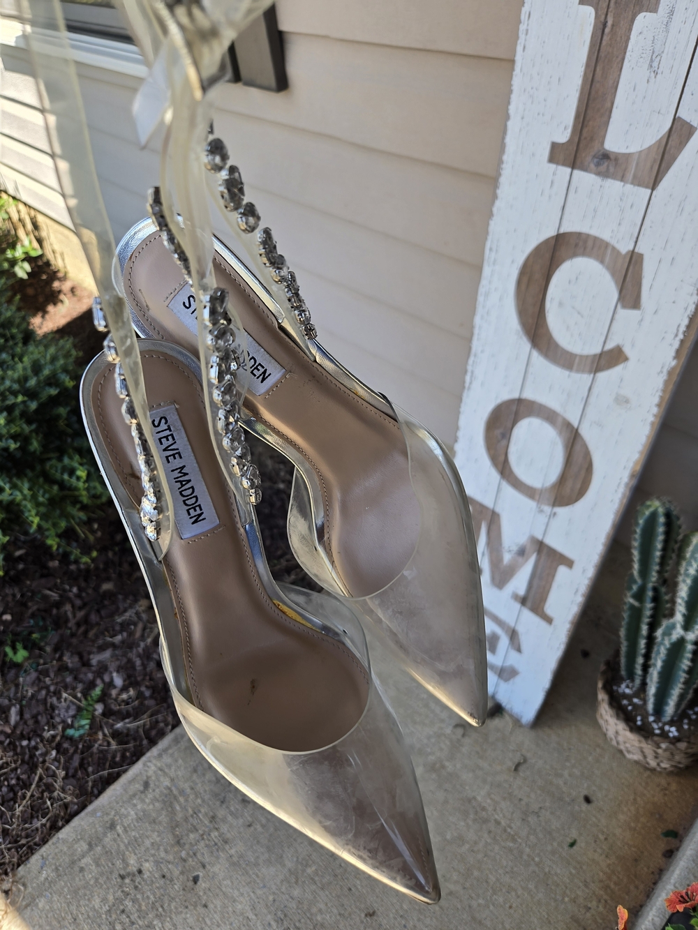 Steve Madden Clear Pointed Slingback Heels with Crystal Strap